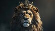Majestic lion with golden crown against dark background exudes regal power