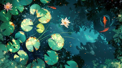 Wall Mural - An illustration of lily pads floating on the water with fish swimming in it, seen from above in a cartoon style with a simple flat design at a high resolution