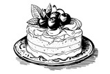 Fototapeta Dziecięca - Vintage Hand-Drawn Cake Illustration: Birthday Cake with Candles, Engraved Sketch Drawing in Retro Style