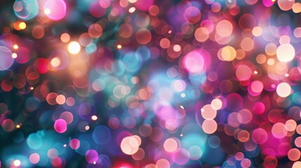 Wall Mural - Blurred background of festive colorful lights for Christmas and New Year celebration, with a light bokeh effect on a blurred pastel color background of pink, green, blue, purple and red white lights.