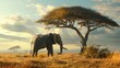 A massive elephant standing majestically in the savannah, its long trunk gracefully reaching for the leaves of a tall tree, tusks gleaming in the sunlight no dust