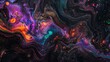 Dark night sky, close up of the texture and colors of an iridescent dark purple resin fluid painting with glitter, neon orange, and blue green swirls and splashes, hyper realistic