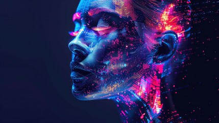 Wall Mural - Digital portrait of an AI humanoid, with neon pixelated glitch effects on its face and body, against a dark background. The colors should be vibrant, creating a futuristic vibe