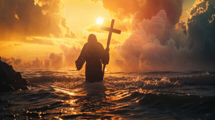 Wall Mural - Jesus Christ walking on sea surface, magnificent sunset light