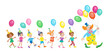 Funny clown and group of children with colorful balloons. Isolated on white background. Vector flat illustration.
