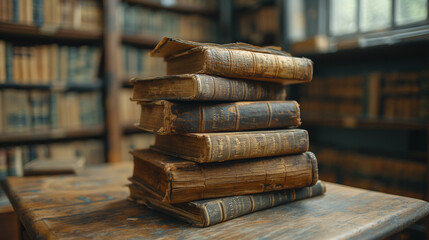 Wall Mural - A stack of old books and flying book pages against the background of the shelves in the library. Ancient books historical background. Retro style. Conceptual background on history, education topics.