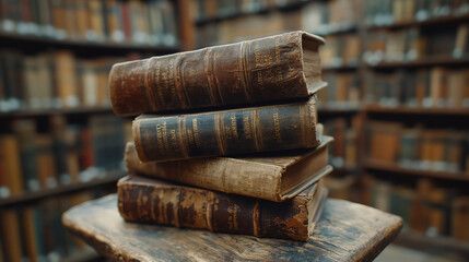 Wall Mural - A stack of old books and flying book pages against the background of the shelves in the library. Ancient books historical background. Retro style. Conceptual background on history, education topics.