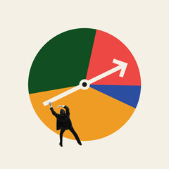 Wall Mural - Visual metaphor for business efficiency and optimization. Man and clocks hand showing time management in work. Contemporary art collage. Concept of business, tasks, strategy, analytics