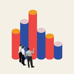 Wall Mural - Three businessmen standing near multicolored bar charts and talking. Contemporary art collage. Strategic planning and decision-making process. Concept of business, analytics, cooperation, teamwork
