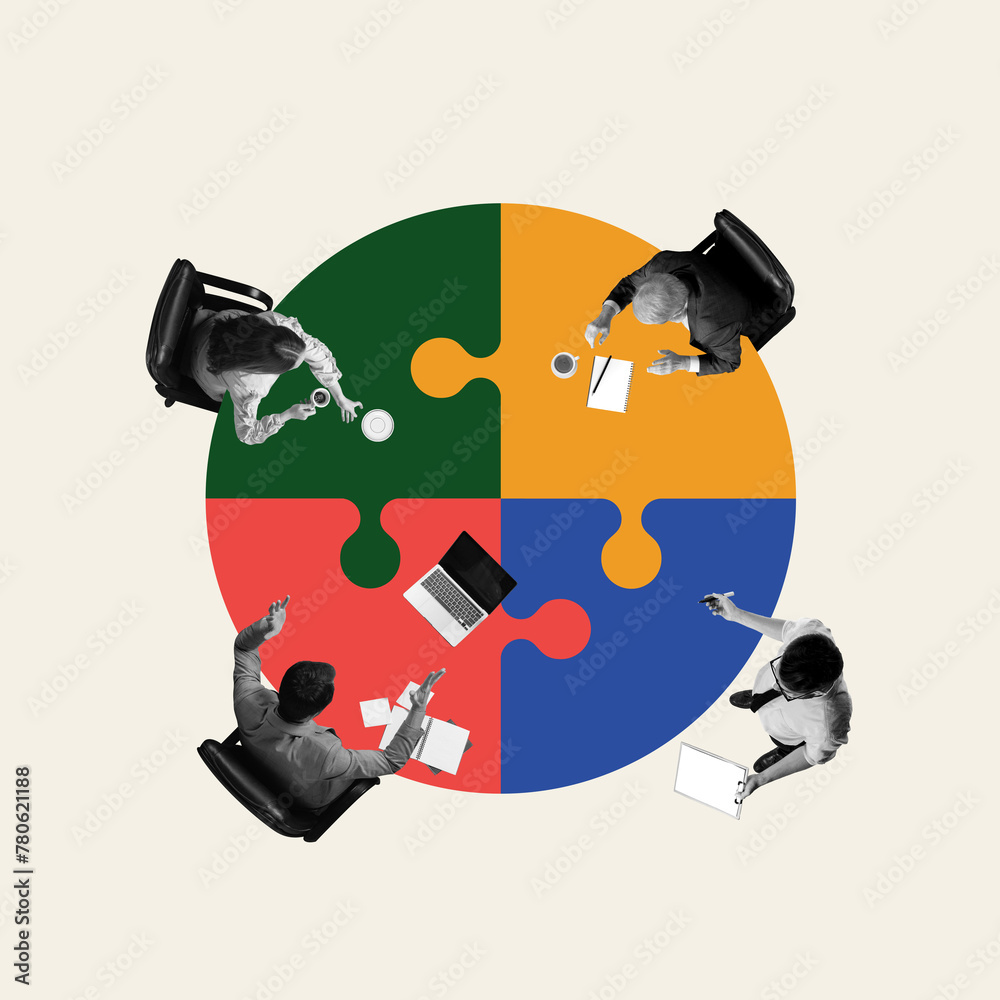 Complex Cooperation Four employees sitting at the table forming connected multicolored ...