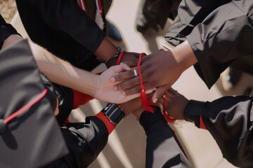Sticker - Graduates extended their hands to each other in a circle, friendship. End of study, graduation.