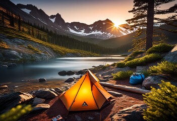 illustration, outdoor adventure camping gear nature enthusiasts, backpack, backpacking, campfire, cooking, equipment, flashlight, forest, map, portable, survival, wildlife, camp