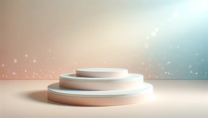 Beauty product podium, empty and ready for spotlight, set before a dreamy pastel backdrop.