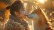 The girl plays with the Shiba Inu dog in the backyard. Asian women are teaching and training dogs to greet by shaking hands.