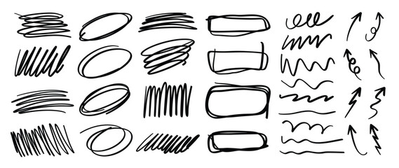 Poster - Set of scribble doodle element vector. Hand drawn doodle style collection of speech bubble, scribble, marker, highlight, arrow. Design for print, cartoon, card, decoration, sticker.