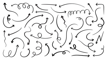 Poster - Set of black hand drawn arrow element vector. Collection of scribble doodle arrows, lines, symbol, pointing mark, shapes on white background. Simple icon illustration for education, decoration, map.