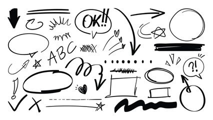 Poster - Set of cute pen line doodle element vector. Hand drawn doodle style collection of scribble, speech bubble, arrow, star, heart. Design for print, cartoon, card, decoration, sticker.