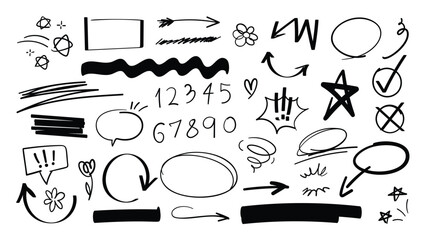 Poster - Set of cute pen line doodle element vector. Hand drawn doodle style collection of scribble, speech bubble, arrow, flower, star. Design for print, cartoon, card, decoration, sticker.