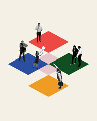 Wall Mural - employees standing on multicolored blocks, each immersed in different tasks and discussions, diversi
