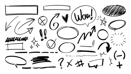 Poster - Set of cute pen line doodle element vector. Hand drawn doodle style collection of scribble, speech bubble, arrow, heart, sparkle. Design for print, cartoon, card, decoration, sticker.