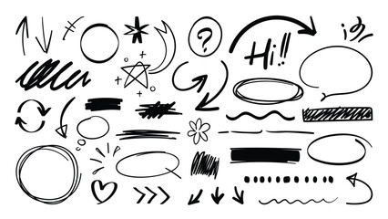 Poster - Set of cute pen line doodle element vector. Hand drawn doodle style collection of scribble, speech bubble, arrow, heart, flower. Design for print, cartoon, card, decoration, sticker.