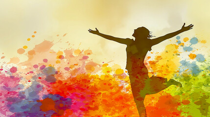 A woman is jumping in the air with her arms outstretched. The image is a colorful and vibrant painting of a woman in motion. Scene is joyful and uplifting, as the woman's expression