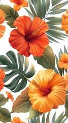 Wall Mural - tropical hibiscus and green leaves in a vibrant summer illustration, elegant botanical art of orange hibiscus flowers with lush foliage