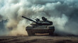An armored battle tank charges through a cloud of dust in a display of military power and urgency