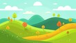 illustration of trees and bushes in the style of flat design, green mountains with a yellowish teal background, colorful, bright colors