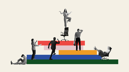 Wall Mural - Employees on multicolored blocks depicting various work-related postures and expressions. Contemporary art collage. Corporate hierarchy and career progression. Business, ambitions, promotion concept
