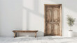 a wooden door and bench on a white wall background