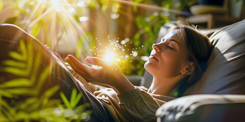 Wall Mural - Panorama woman having reiki healing treatment , alternative medicine.AI generated.	
