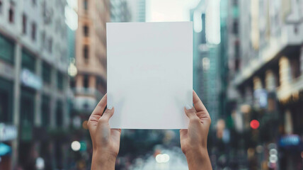 Wall Mural - hands holding white blank paper sheet on blur city background.