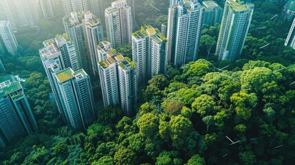 Forest encroaching on a green city ESG-focused buildings