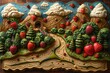 A whimsical landscape painting of rolling hills and mountains formed entirely of red strawberries. Lush green trees with brown trunks dot the strawberry landscape.