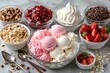 A delicious sundae with pink and white ice cream, surrounded by colorful sprinkles, chopped nuts, and maraschino cherries.