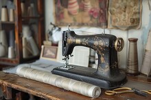 Tailor's Retro Workshop With An Old Sewing Machine. Amidst Spools Of Thread And Snippets Of Fabric, An Old Sewing Machine Reigns Supreme, A Relic Of Sewing History.