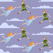 Lovely boy in green costume аnd girl in nightgown flying in the clouds in the sky. Seamless background pattern