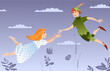 Lovely boy in green costume аnd girl in nightgown flying in the clouds in the sky