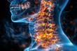Detailed medical illustration of a human spinal area with a focus on spinal bones and nerves highlighted in bright glowing color