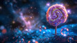 A purple yellow pink and blue lolipop with glittering stars on it and bubbles around