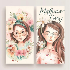 Wall Mural - Set of Mothers Day card with cute trendy watercolor illustrations of mom and daughter, bouquet of spring flowers, modern typography and holiday wishes. Mothers day templates for poster, cover, banner 