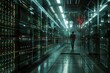 A man strolls in a dark server room in the citys data center