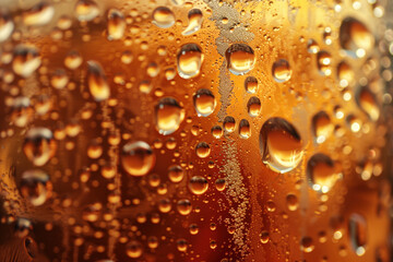 Poster - Water drops on a beer glass. Closeup of a beer glass. Fresh beer. Cold craft beer. Background image. Created with Generative AI technology.
