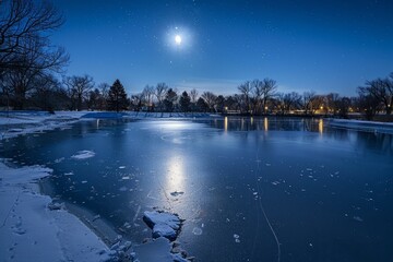 Wall Mural - The moon casts its light on a frozen lake, creating a mesmerizing scene