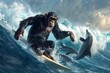 A chimpanzee surfing on a giant wave alongside dolphins