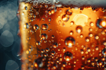 Poster - Water drops on a beer glass. Closeup of a beer glass. Fresh beer. Cold craft beer. Background image. Created with Generative AI technology.