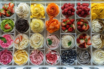 Wall Mural - A display case filled with a variety of different types of cupcakes