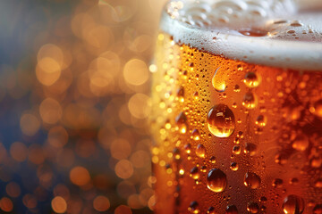 Poster - Water drops on a beer glass. Closeup of a beer glass. Fresh beer. Cold craft beer. Background image. Created with Generative AI technology.