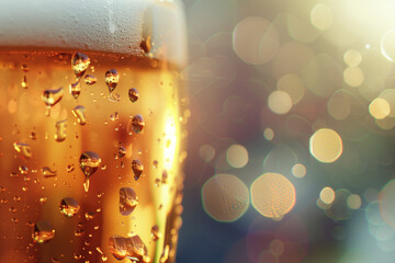 Poster - Water drops on a beer glass. Closeup of a beer glass. Fresh beer. Cold craft beer. Background image. Created with Generative AI technology.